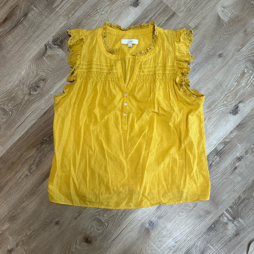 LOFT Mustard Yellow Eyelet Ruffle Sleeve Sleeveless Top